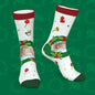 Close-up of red personalised photo socks highlighting feeding bottle and mistletoe icons, personalised with family photo or text — thoughtful gift for mum or wife