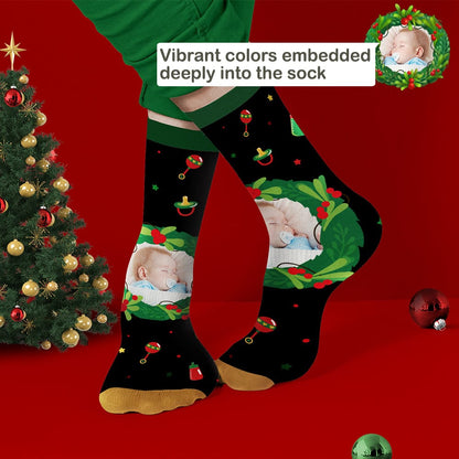 Black personalised photo socks with mistletoe and feeding bottle design, durable comfortable fabric — personalised Christmas socks for teens, neighbours and teachers