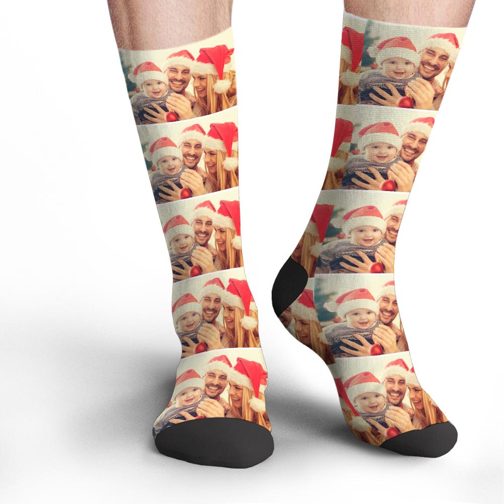 Pair of personalised photo socks in vivid colours with full‑colour face print — colourful custom socks gift for family, polyester stretch and bright, colourfast printing