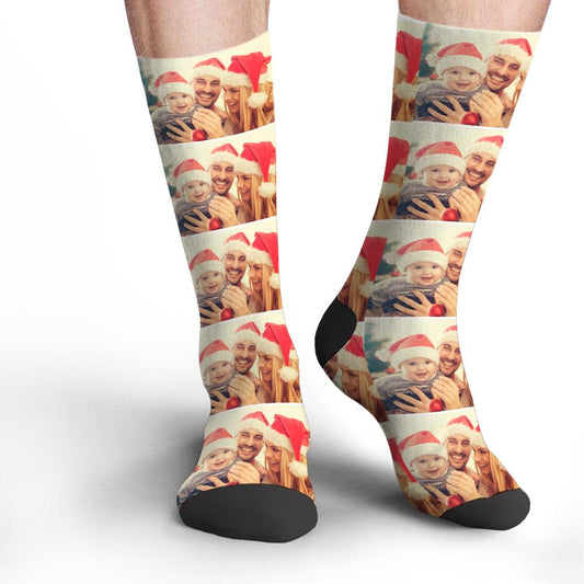 Pair of personalised photo socks in vivid colours with full‑colour face print — colourful custom socks gift for family, polyester stretch and bright, colourfast printing