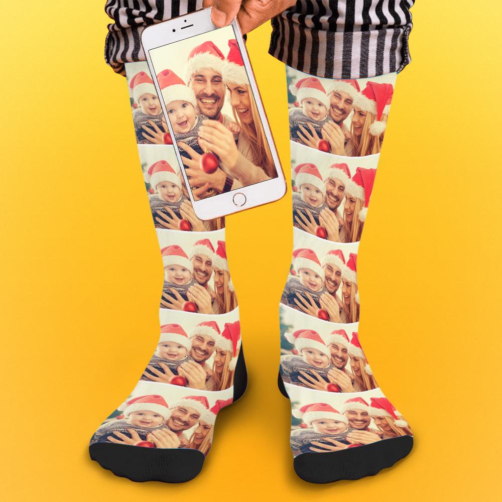 Pair of personalised photo socks in vivid colours with full‑colour face print — colourful custom socks gift for family, polyester stretch and bright, colourfast printing