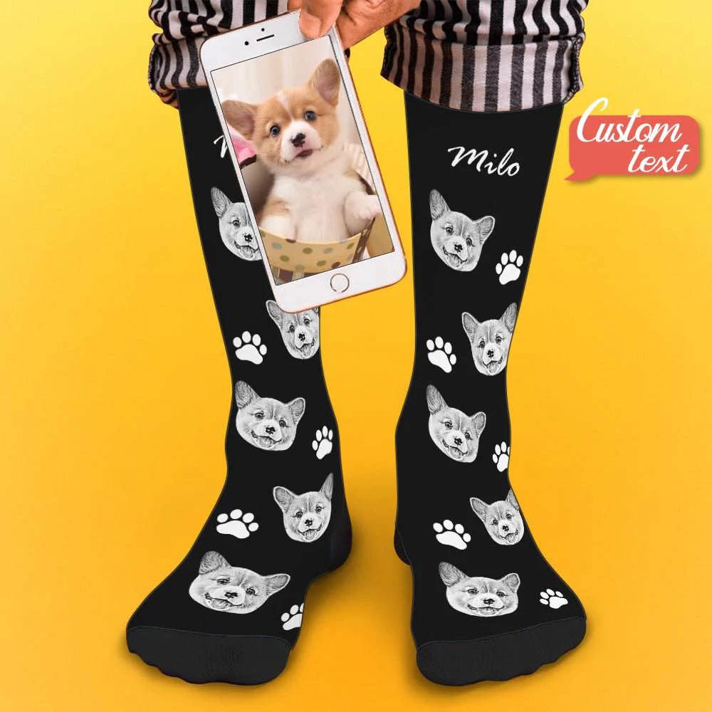 Lifestyle shot of personalised pet face photo socks worn on feet – unique personalised gift for pet lovers