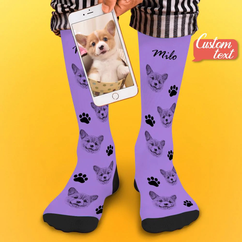 Underside and stitching detail of personalised pet face photo socks highlighting quality finish and durable construction