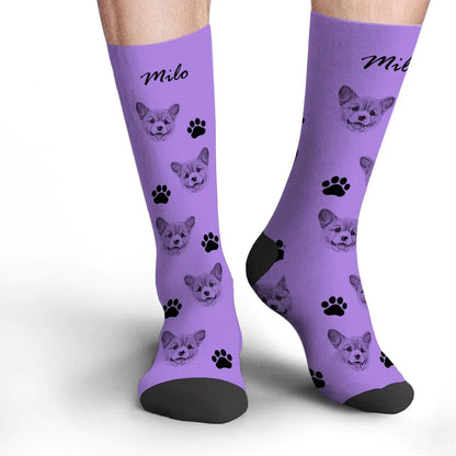 Customisation process graphic for personalised pet face photo socks – upload photo, add name, production and dispatch
