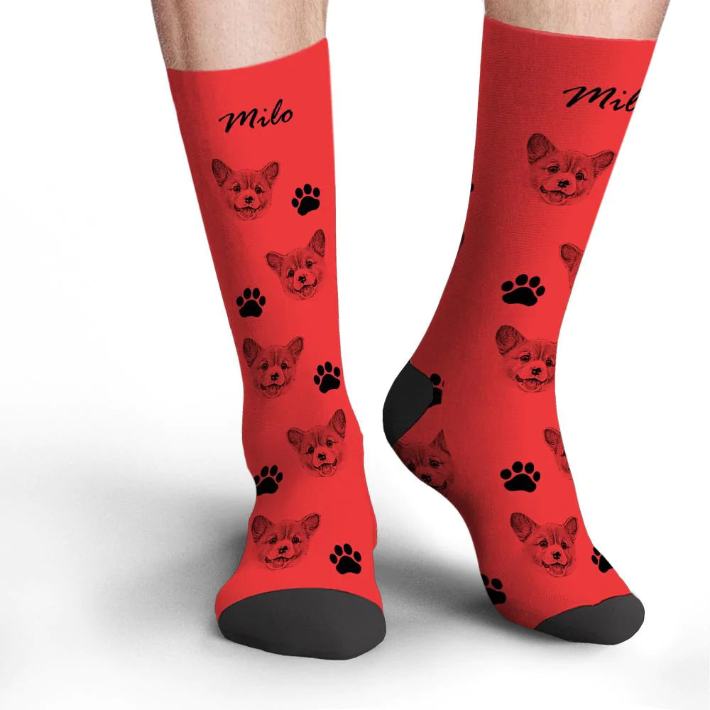 Custom text area example on personalised pet face photo socks showing how a name appears beneath the pet photo