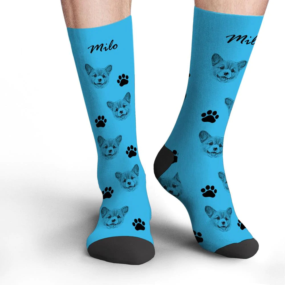 Close‑up detail of personalised pet face photo socks showing vibrant photoprint on soft polyester fabric