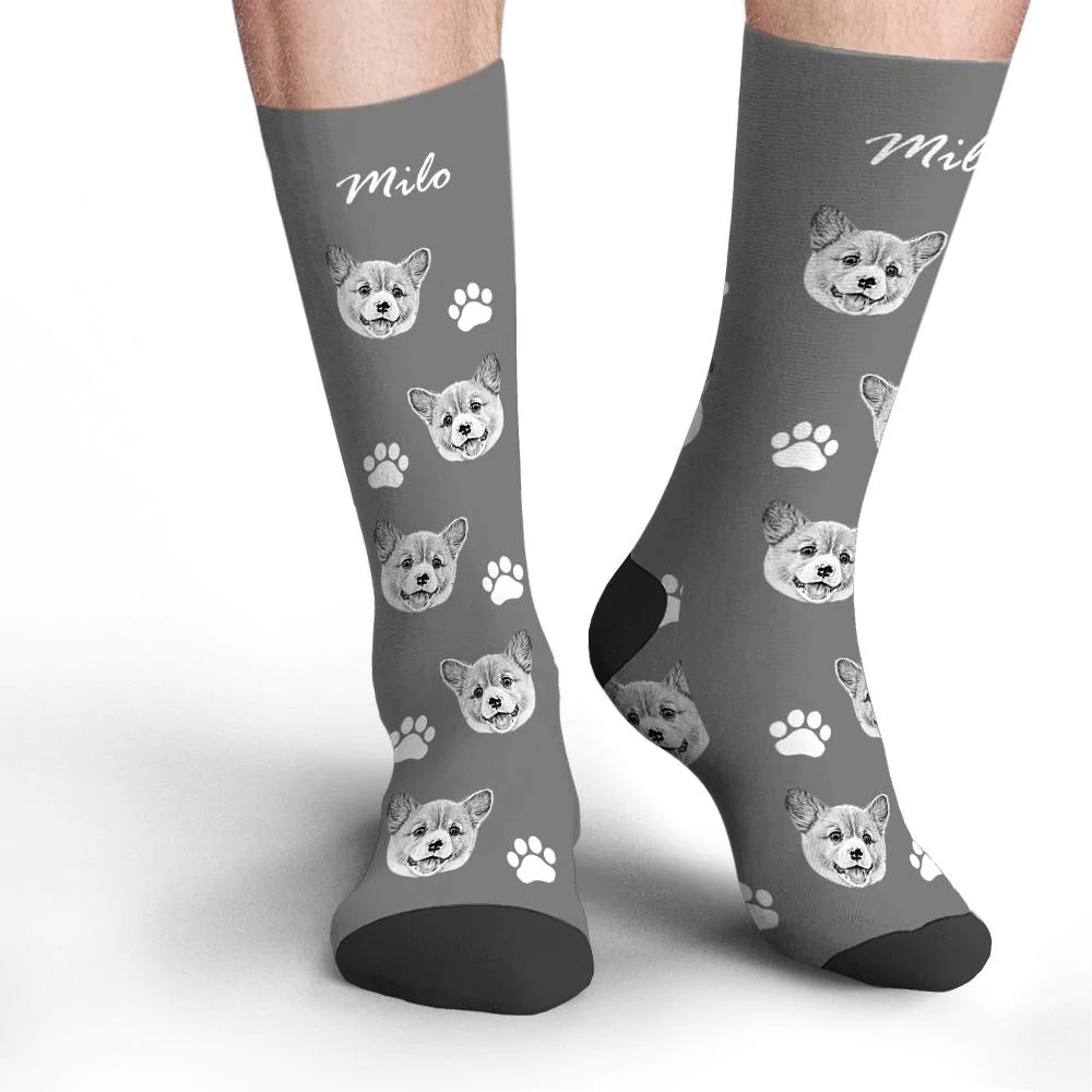 Fabric and print close‑up showing soft polyester texture and high‑resolution photoprint on personalised pet socks