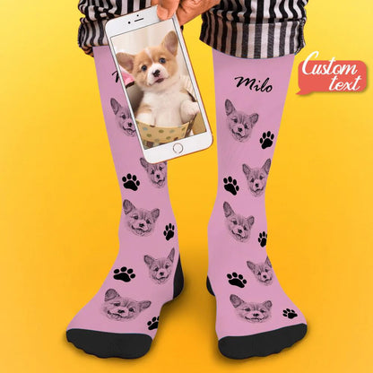 Personalised pet face photo socks front view showing custom pet photo and name – custom name photoprint socks gift