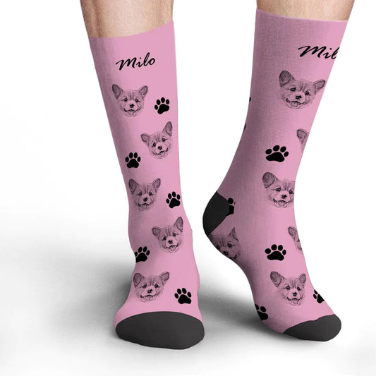 Personalised pet face photo socks front view showing custom pet photo and name – custom name photoprint socks gift