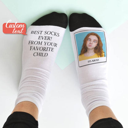 Full-colour personalised socks featuring a vivid photo print with custom name or quote on durable polyester, ideal as a Valentine's Day or anniversary gift