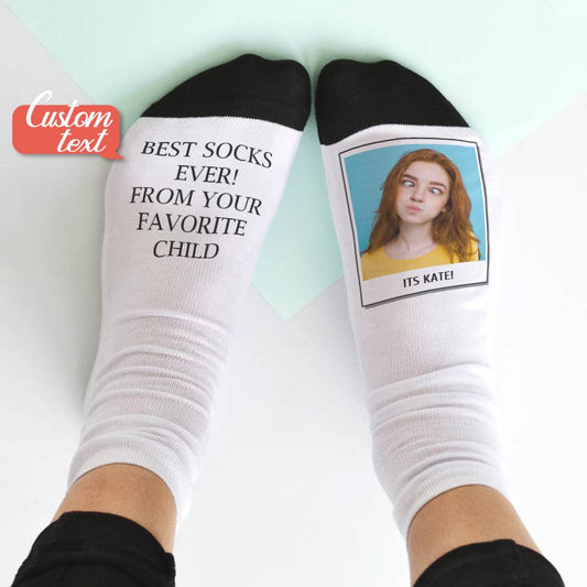 Full-colour personalised socks featuring a vivid photo print with custom name or quote on durable polyester, ideal as a Valentine's Day or anniversary gift