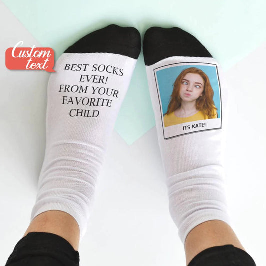 Full-colour personalised socks featuring a vivid photo print with custom name or quote on durable polyester, ideal as a Valentine's Day or anniversary gift