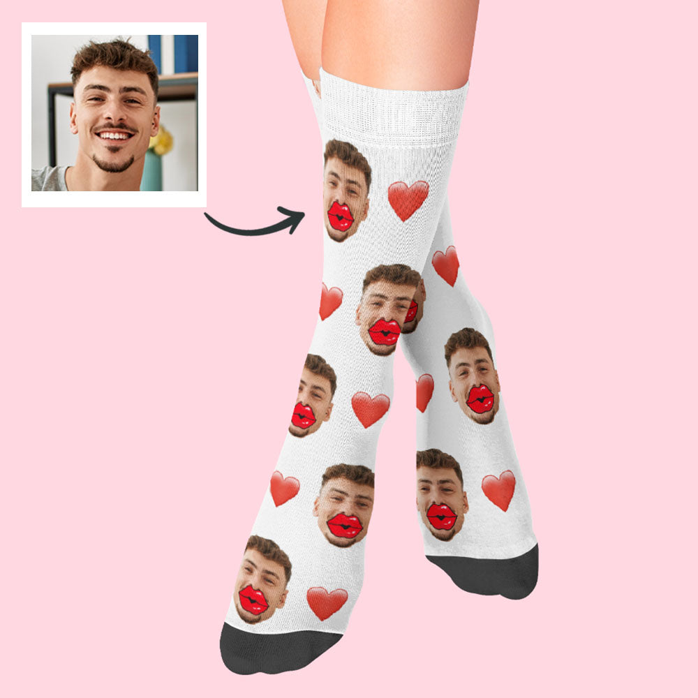 Personalised Face Socks with Heart & Red Lips - Custom Photo Socks UK