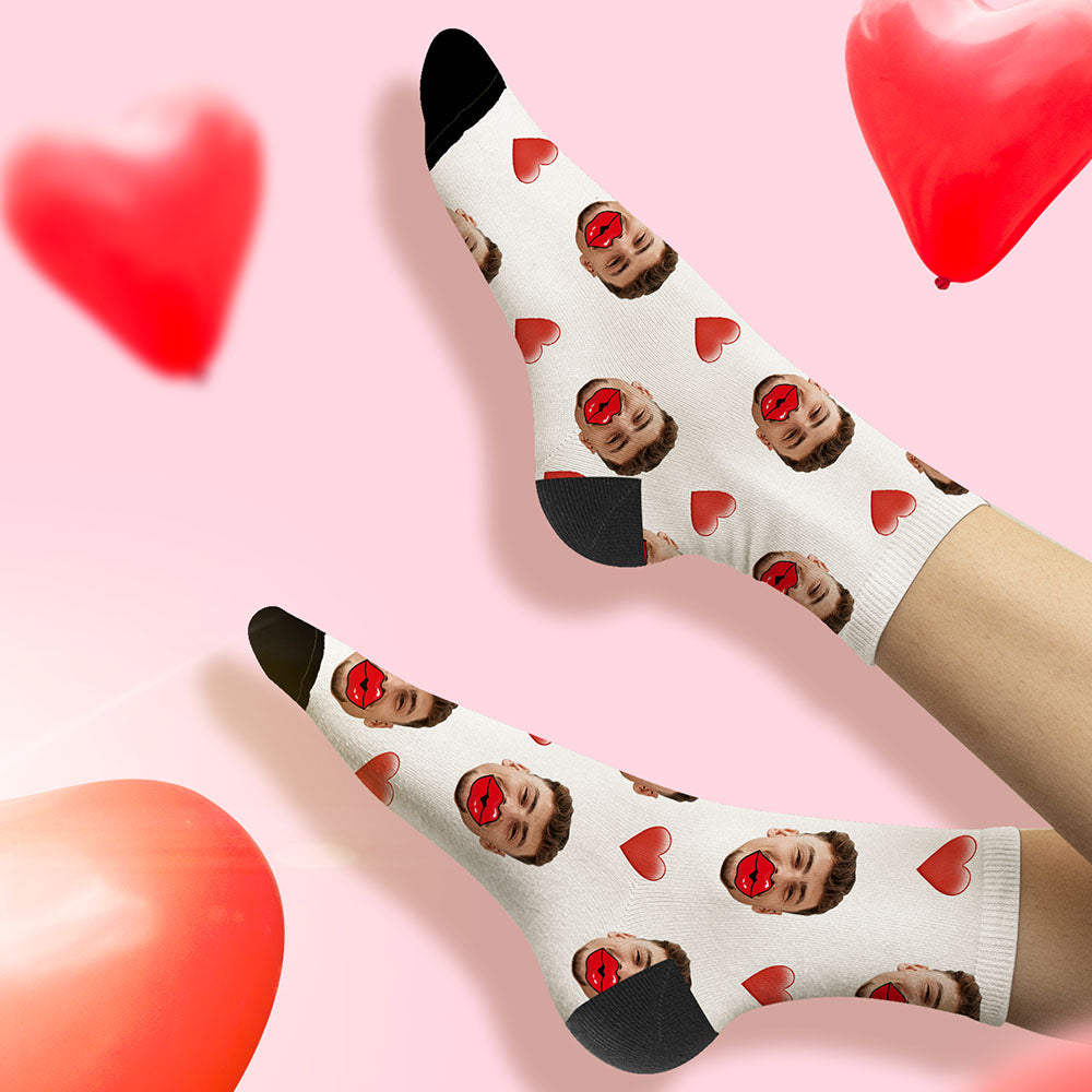 Personalised custom face socks featuring a close-up portrait with heart and red lips graphic — unisex photo socks with vivid, fade-resistant print