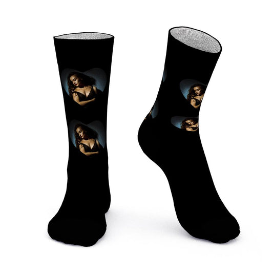 Personalised unisex polyester socks featuring an engraved photo face inside a love heart, ideal as a custom Valentine’s Day, wedding or Mother’s Day gift.