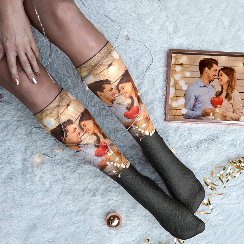 Selection of personalised knee-high socks printed with different photos and heart motifs — unique personalised gifts for him, her and kids