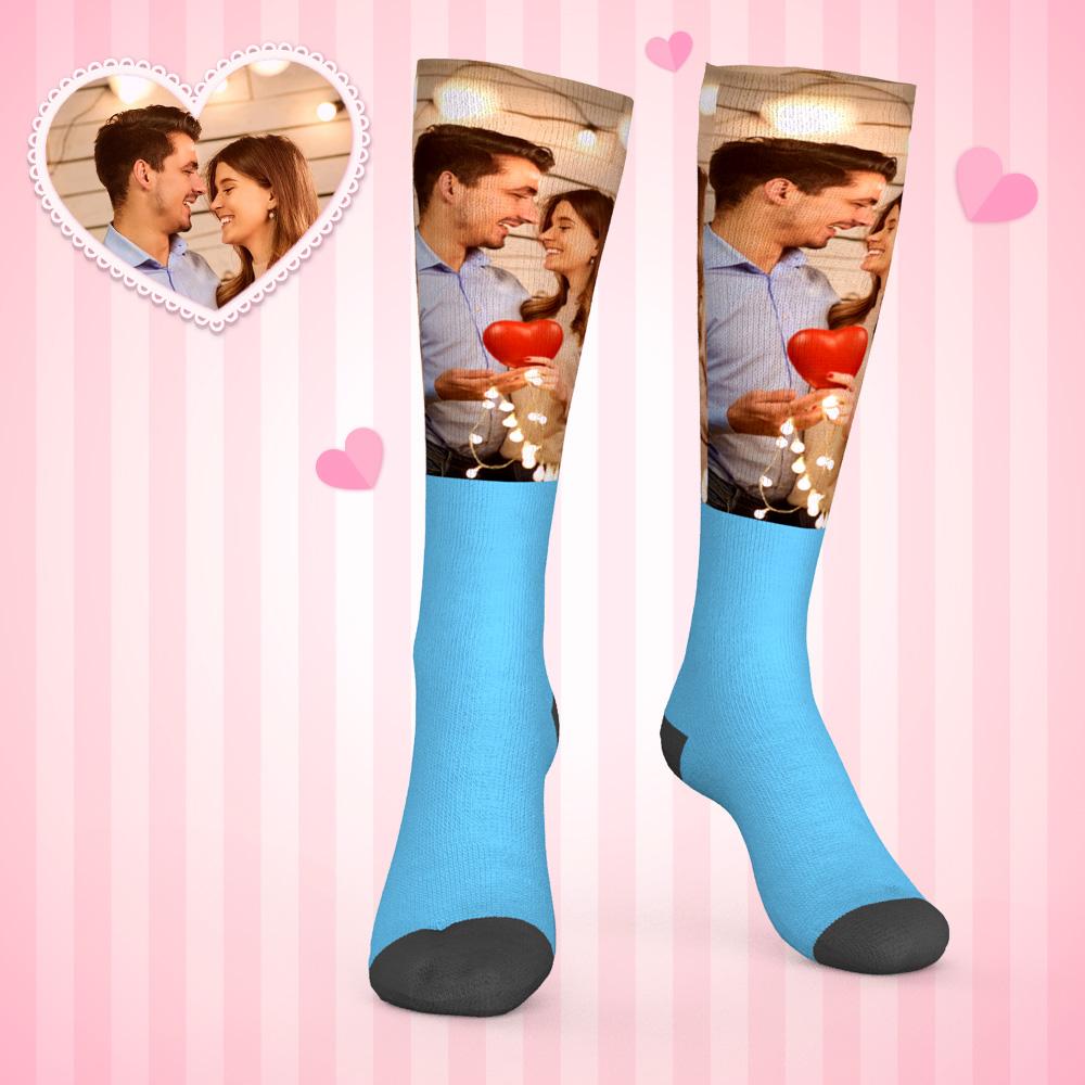 Custom pet face knee-high socks with heart detail — personalised photo socks for pet parents and animal lovers