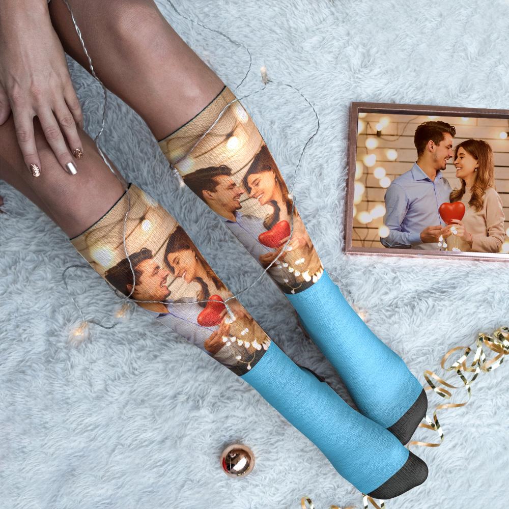 Close-up of personalised polyester knee-high socks displaying vivid custom photo print and heart accent — custom face socks