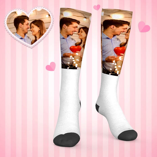 Personalised photo knee-high socks with heart motif showing custom couple faces — ideal personalised gift for lovers and Valentine’s Day