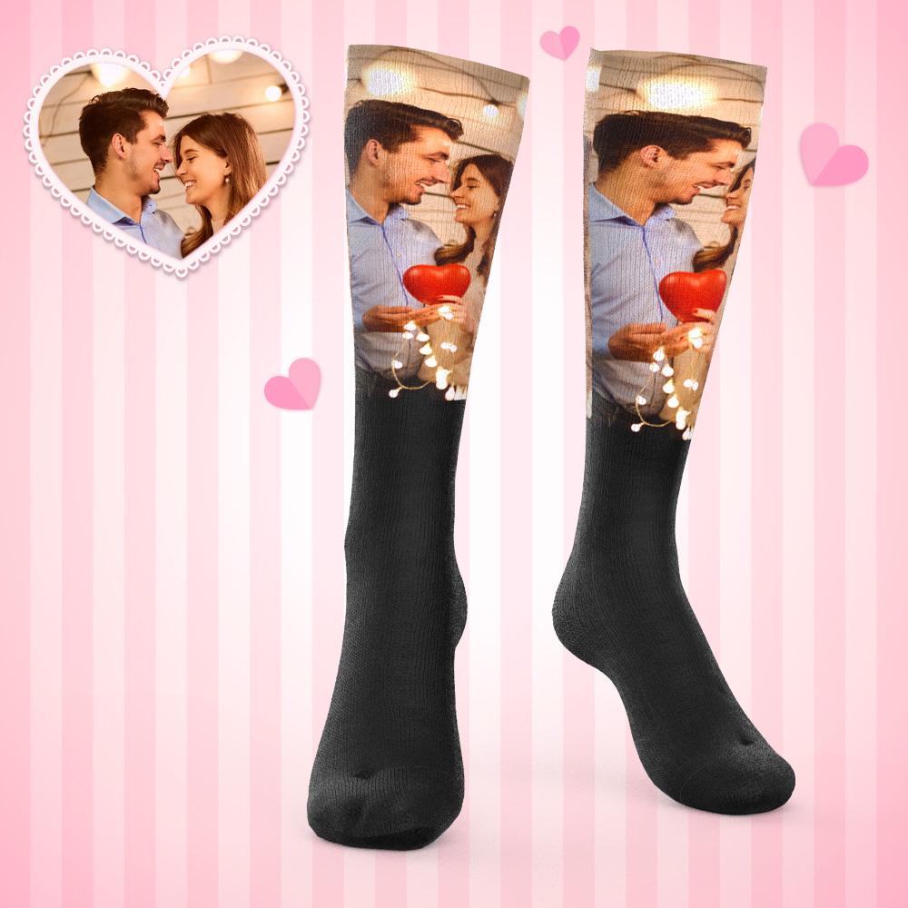 Model wearing personalised photo knee-high socks — quirky personalised gift for couples, anniversaries and birthdays