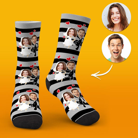 Couple wearing personalised face socks together as a romantic keepsake — perfect personalised couples gift and wedding favour