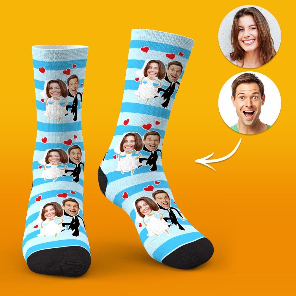 Gift presentation of custom face socks in a celebratory setting — a thoughtful wedding, anniversary or Valentine’s Day present for couples