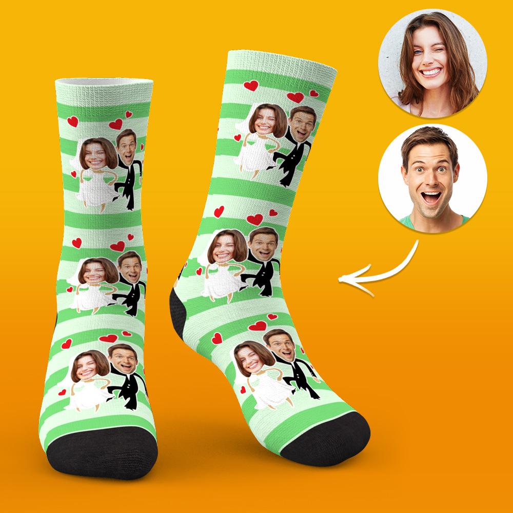 Pair of personalised couple socks with customised text and clear face photos — unique personalised wedding gift for him and her
