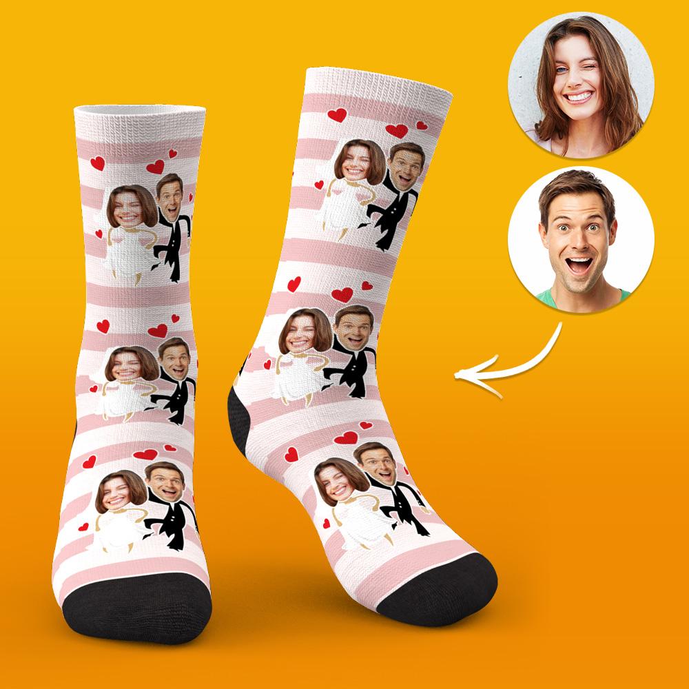 Couple wearing personalised face socks together as a romantic keepsake — perfect personalised couples gift and wedding favour