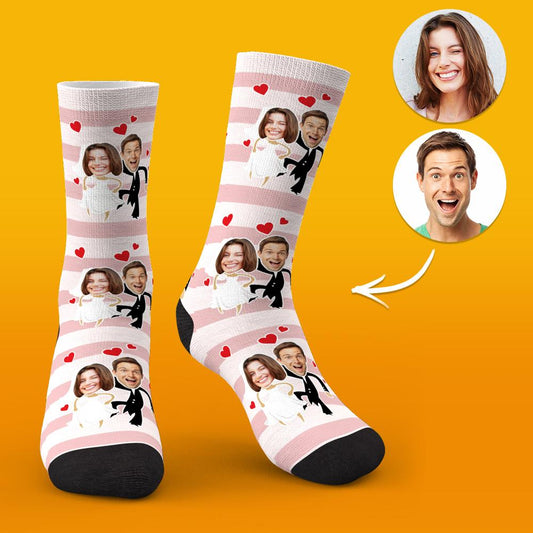 Couple wearing personalised face socks together as a romantic keepsake — perfect personalised couples gift and wedding favour
