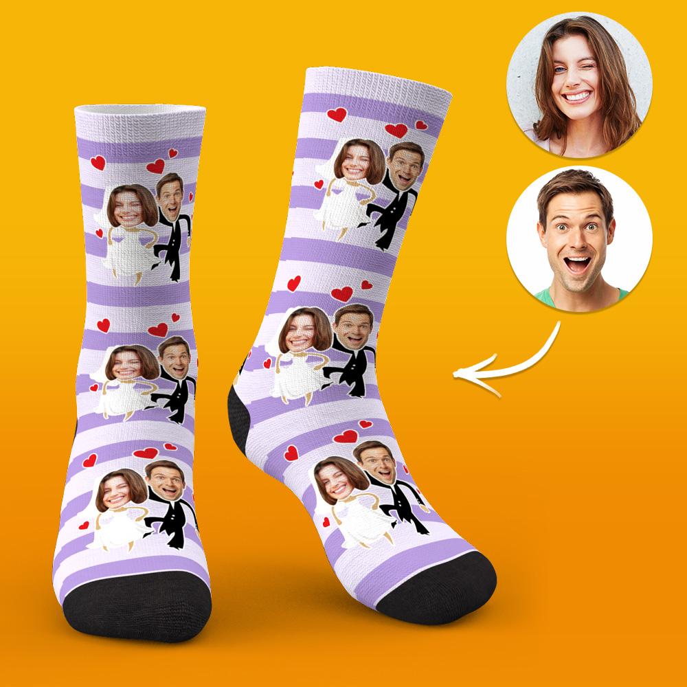 Custom photo socks displayed side‑by‑side with two personalised faces — quirky personalised wedding and Valentine’s Day gift for couples
