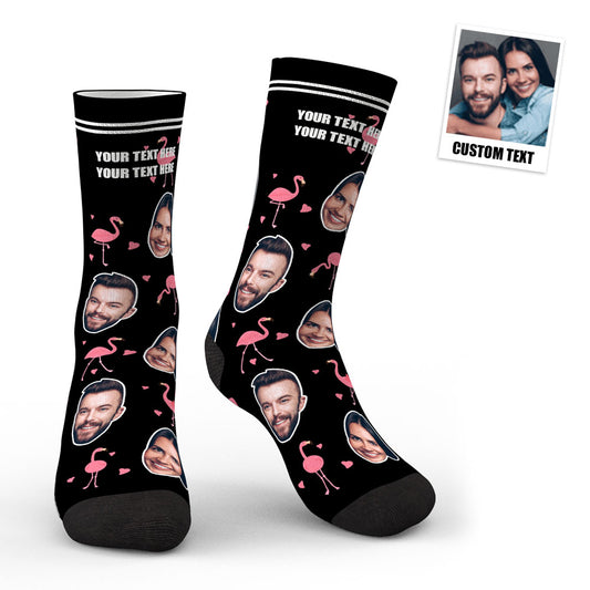 Pair of personalised face socks featuring a neat face cutout on whimsical swan and flamingo print — ideal personalised gift