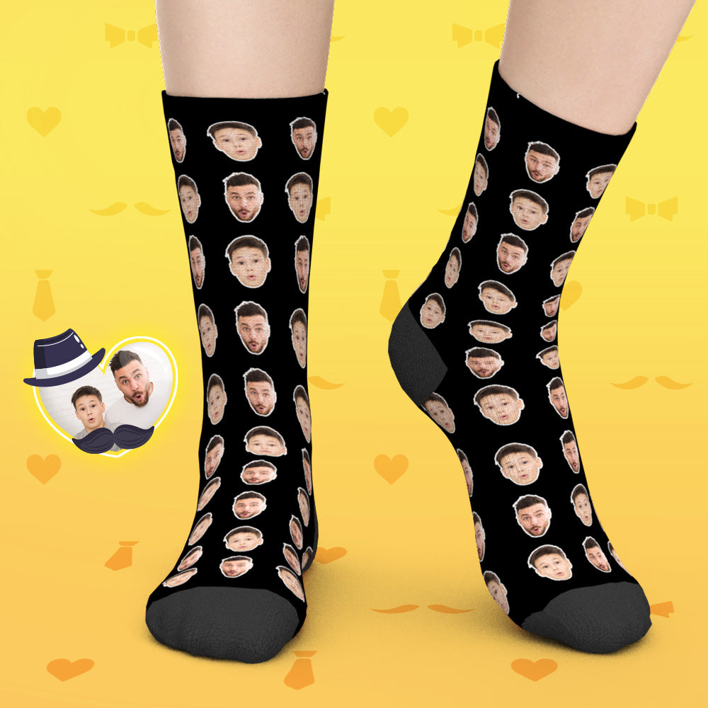 Custom Photo Socks two-face design showcased on mannequin feet to demonstrate placement and real-life appearance of personalised socks