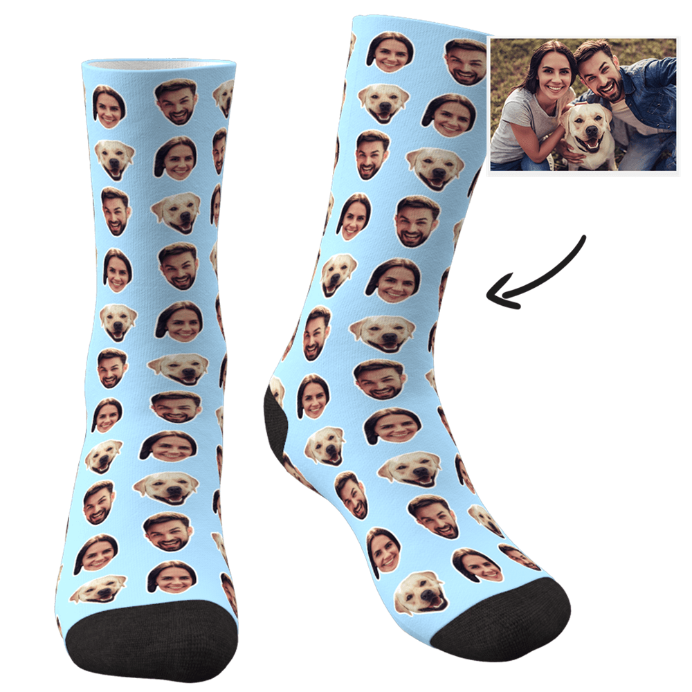 Size and care guide for personalised face socks explaining how to upload high-resolution photos and care instructions for long-lasting print
