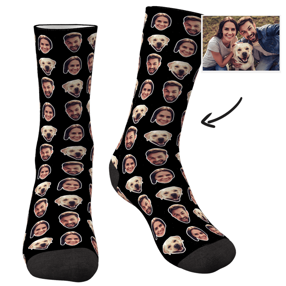 Unboxed personalised face socks showing both faces printed clearly across the sock for a unique and memorable custom gift