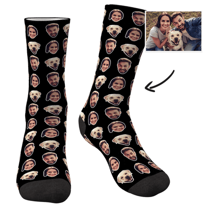 Unboxed personalised face socks showing both faces printed clearly across the sock for a unique and memorable custom gift