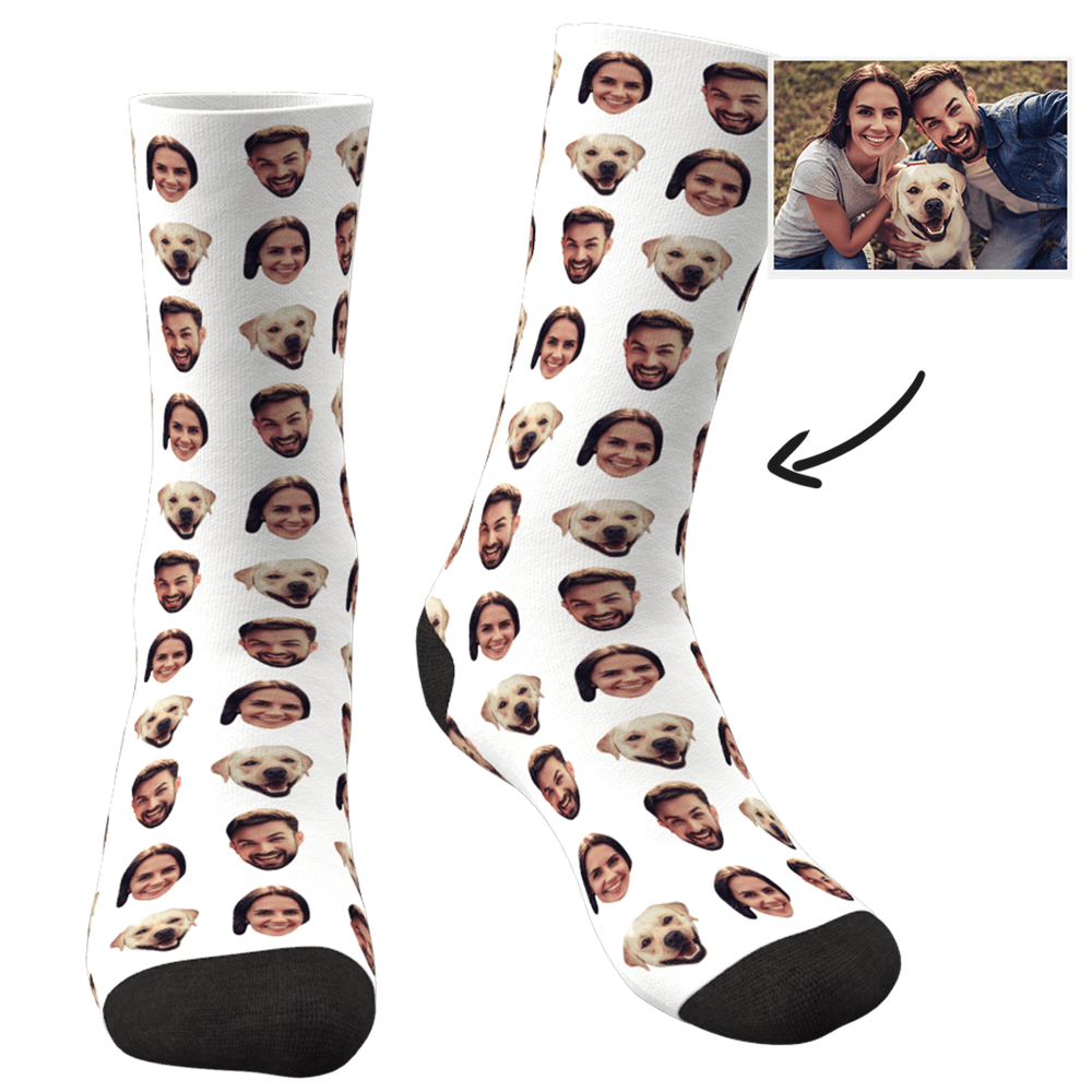 Product mockup collage of personalised face socks variations — two faces design options and background colour choices for custom photo socks