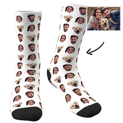 Product mockup collage of personalised face socks variations — two faces design options and background colour choices for custom photo socks
