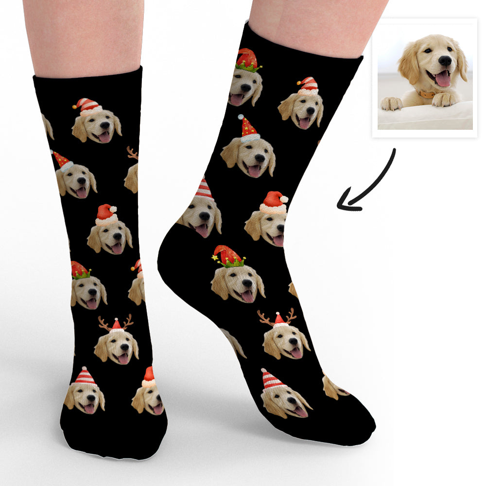 Merry Christmas Funny Custom Pet Face Socks — close-up of personalised festive socks printed with a pet face, ideal Christmas gift