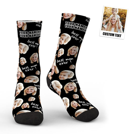 Custom photo socks for Mum — personalised 'Best Mum Ever' pair with crisp face print, vibrant colour embedded in polyester and soft, durable threading; ideal Mother's Day gift