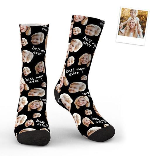 Custom photo socks for Mum — personalised 'Best Mum Ever' pair with crisp face print, vibrant colour embedded in polyester and soft, durable threading; ideal Mother's Day gift