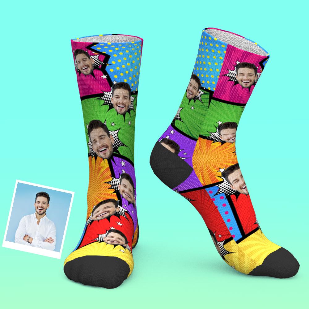 Pair of personalised face socks side by side displaying precise custom-design face prints — ideal personalised photo gift and quirky novelty socks