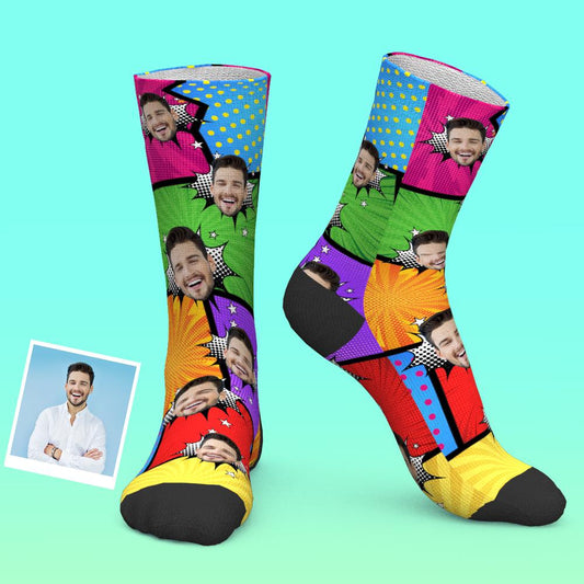 Pair of personalised face socks side by side displaying precise custom-design face prints — ideal personalised photo gift and quirky novelty socks