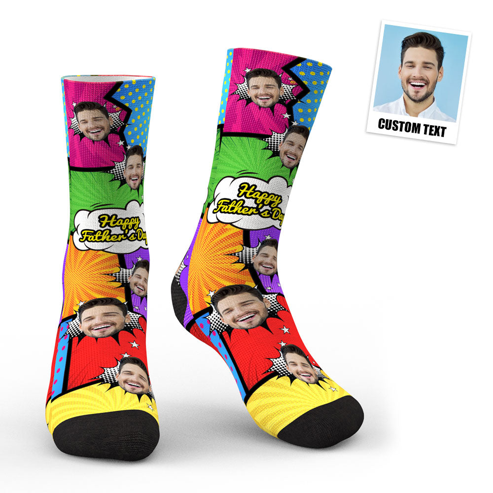Flat lay of personalised face socks showing comic-style portrait print and premium threading — novelty personalised photo socks for gifts