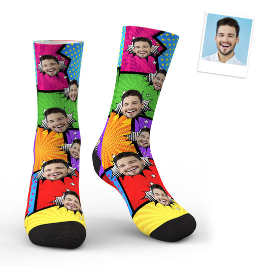 Pair of personalised face socks side by side displaying precise custom-design face prints — ideal personalised photo gift and quirky novelty socks