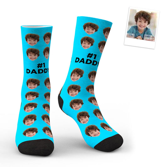 Personalised face socks for Dad showing a close-up custom photo cutout on soft polyester with vivid, fade-resistant print — ideal personalised gift in Australia and the UK