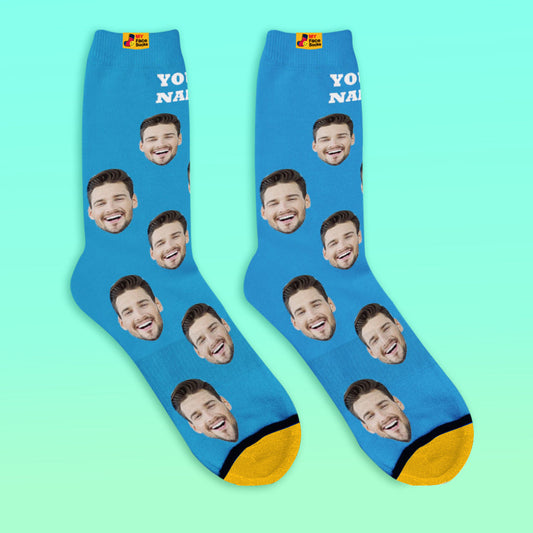 Custom Engraved Face Socks colourful personalised photo socks with name, seamless all-over face repeat and heel-printed detail on soft polyester lycra