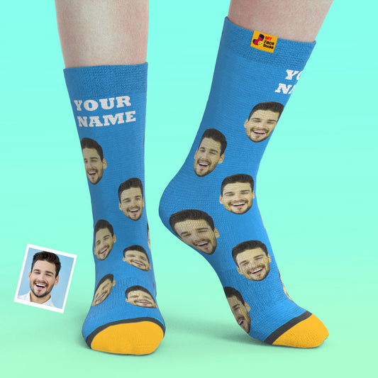 Custom Engraved Face Socks colourful personalised photo socks with name, seamless all-over face repeat and heel-printed detail on soft polyester lycra