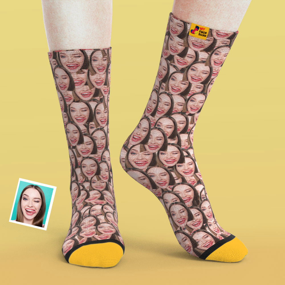 Personalised photo socks flat-lay with repeated face pattern and custom name – ideal wedding, Mother's Day or novelty gift