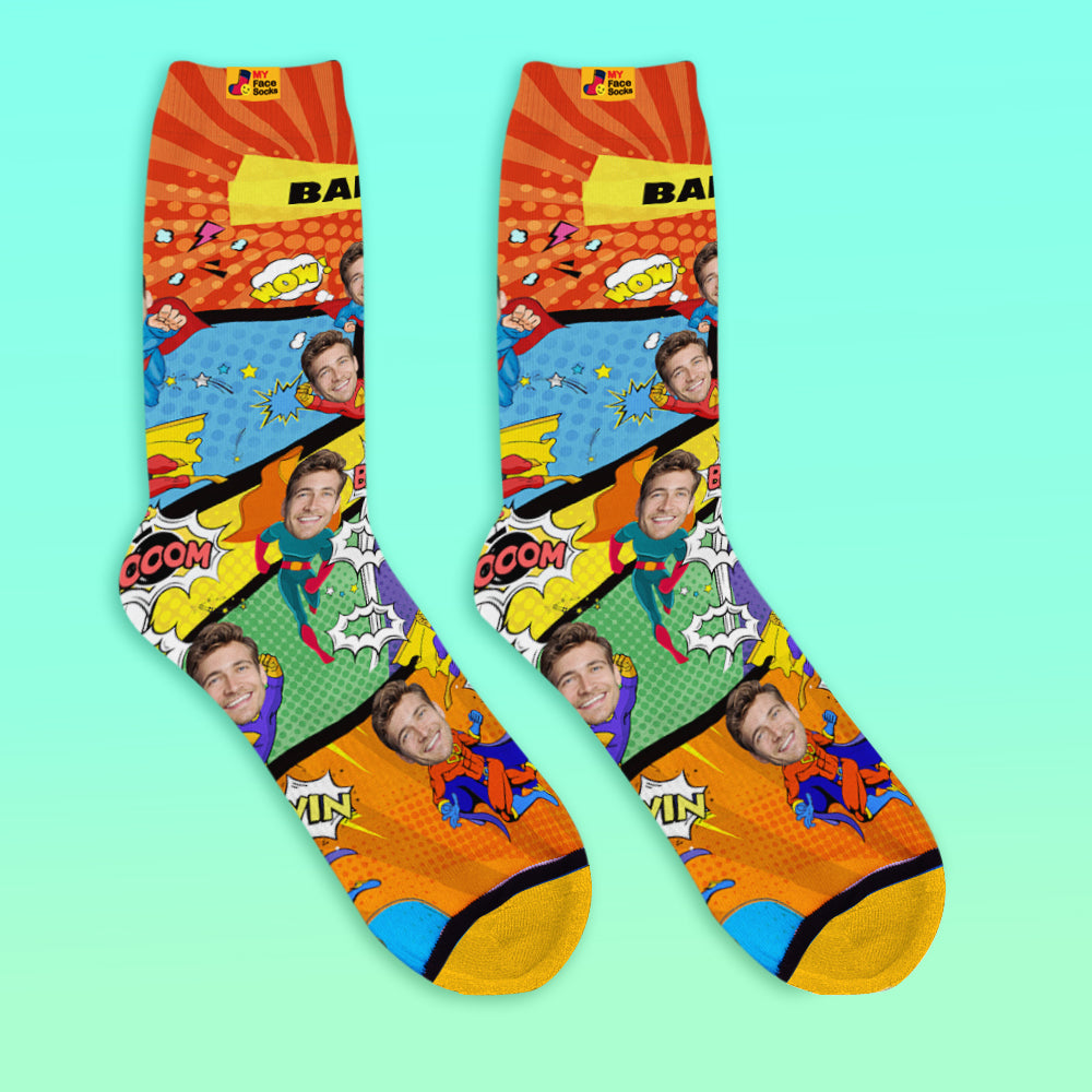 Personalised Superhero Face Socks – add photo & name; seamless custom photo socks with natural face cutout and bold superhero design