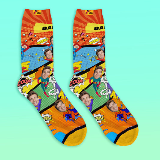 Personalised Superhero Face Socks – add photo & name; seamless custom photo socks with natural face cutout and bold superhero design